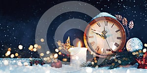 New Year`s clock. Decorated with balls, star and tree on snow