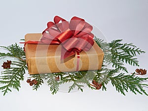 New Year`s composition. Eco-style gift wrapping. Christmas background for presentation of work or text. Gift with red ribbon on gr