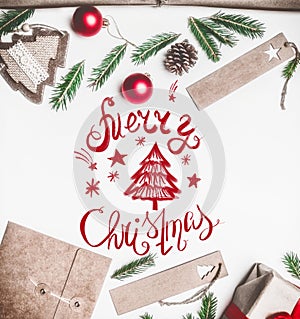 New Year`s concert, wrapped gift, wrapping paper, Christmas tree branches and toys on a white background with the inscription