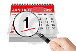 New Year`s Day Concept. 1 January 2018 calendar with magnifier