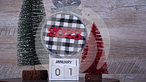 New Year's Day on January 1st on White Wooden Calendar in New Year's Atmosphere