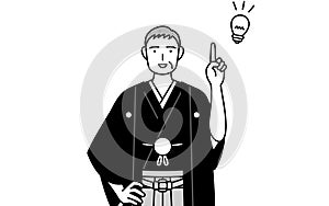 New Year\'s Day and weddings, Senior man wearing Hakama with crest coming up with an idea