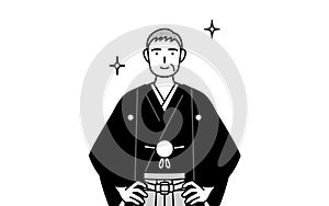 New Year\'s Day and weddings, Senior man wearing Hakama with crest with his hands on his hips