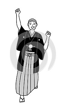 New Year\'s Day and weddings, Senior man wearing Hakama with crest smiling and jumping