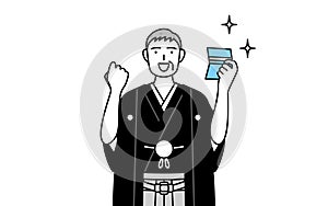 New Year\'s Day and weddings, Senior man wearing Hakama with crest who is pleased to see a bankbook
