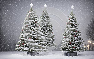 New Year\'s, elegant Christmas trees under the falling snow