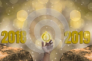 New Year`s Eve 2018, Finger Touch Starting 2019 Brightness Theme of Gold, 2019 happy new year with sparkling golden light bokeh