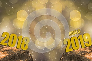 New Year`s Eve 2018 and Starting 2019 Brightness Theme of Gold,happy new year with sparkling golden light bokeh and glittering