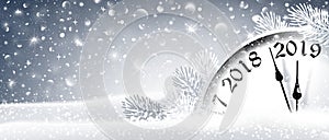 New Year`s Eve 2019 Winter Celebration With Dial Clock. Vector Illustration