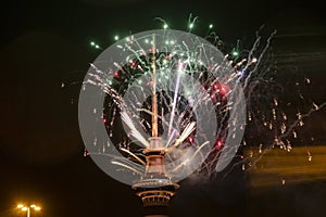 New Year's Eve in Auckland, fireworks at the tower in New Zealand