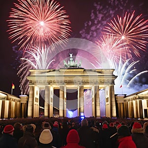 New Year's Eve at the Brandenburg Gate. New Year's fireworks in the sky over Berlin