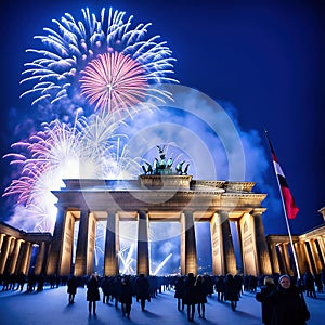 New Year's Eve at the Brandenburg Gate. New Year's fireworks in the sky over Berlin