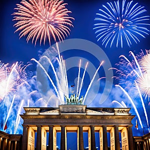 New Year's Eve at the Brandenburg Gate. New Year's fireworks in the sky over Berlin