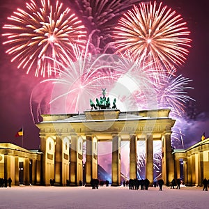 New Year's Eve at the Brandenburg Gate. New Year's fireworks in the sky over Berlin