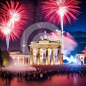 New Year's Eve at the Brandenburg Gate. New Year's fireworks in the sky over Berlin