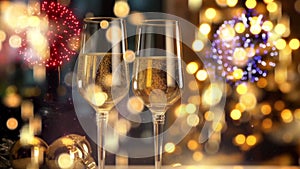 New Year\'s Eve Celebration Animation with sparkling Champagne and Fireworks