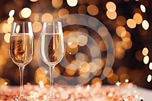 New year's eve celebration background with champagne. Golden bokeh. Generative AI