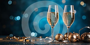 New Year\'s eve celebration banner with champagne glasses on blue background