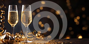 New Year\'s eve celebration banner with champagne glasses and golden confetti on black background