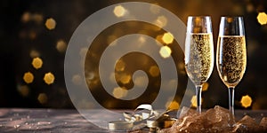 New Year\'s eve celebration banner with champagne glasses and golden star bokeh lights in front of black background