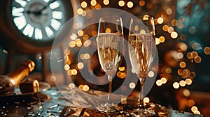 New Year\'s Eve Celebration: Champagne Toast, Fireworks, and Clock Face with Abstract Defocused Lights