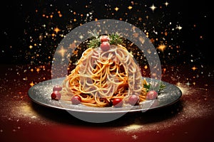 New Year\'s Eve and Christmas pasta concept background. Celebrating spaghetti in the form of a Christmas tree