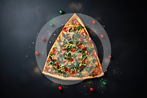 New Year's Eve and Christmas pizza concept background. Celebrating pizza in the form of a Christmas tree