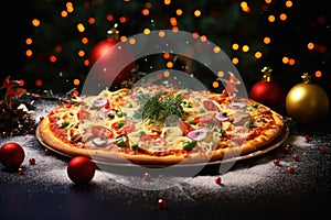 New Year's Eve and Christmas pizza concept background. Celebrating pizza in the form of a Christmas tree