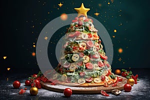 New Year's Eve and Christmas pizza concept background. Celebrating pizza in the form of a Christmas tree