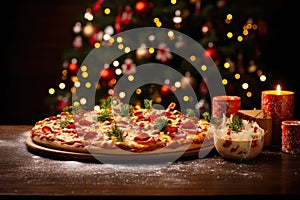 New Year\'s Eve and Christmas pizza concept background. Celebrating pizza in the form of a Christmas tree