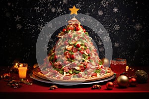 New Year\'s Eve and Christmas pizza concept background. Celebrating pizza in the form of a Christmas tree