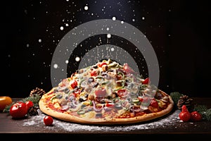 New Year\'s Eve and Christmas pizza concept background. Celebrating pizza in the form of a Christmas tree