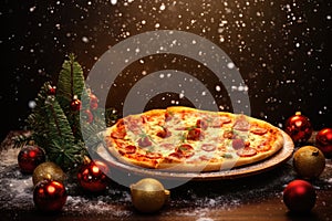 New Year\'s Eve and Christmas pizza concept background. Celebrating pizza in the form of a Christmas tree