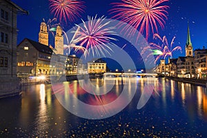 Fireworks in Zurich Switzerland during New Year`s celebration photo
