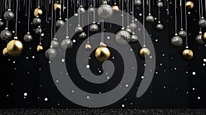 New Year's Eve decorations, such as hanging ball ornaments or a decorative ball drop, all in a consistent