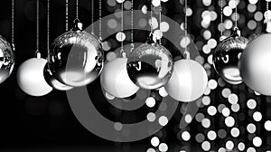 New Year's Eve decorations, such as hanging ball ornaments or a decorative ball drop, all in a consistent