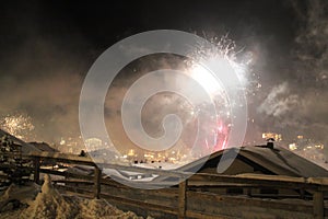 New Year`s Eve Firework in Lech am Arlberg, Austrian Alps Mountains