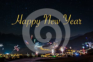 New Year`s Eve fireworks in Fiss in Austria with the text Happy