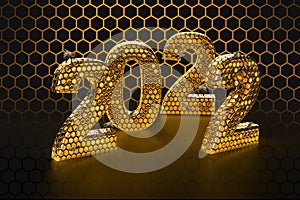 New Year\'s Eve hive with bee on honey comb Shiny hexagonal gold number 2021 on a black background with bees