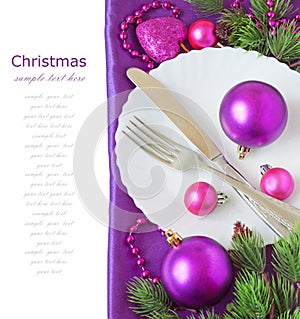 New Year`s Eve holiday party, plate with knife and folk and christmas decorations