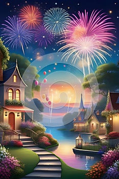A new year's eve party with fireworks, starry night sky, whimsical garden, flowers, house, wallpaper, fantasy