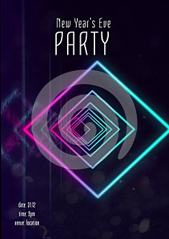 New year\'s eve party text in white with glowing blue and pink concentric diamond shapes on black