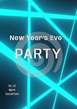 New year\'s eve party text in white over blue glowing lines on black
