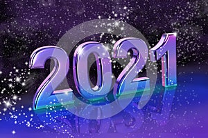 New Year`s Eve shiny purple and blue lettering 2021 on a starry background