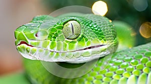 Close-up of green snake head on blurred bokeh background photo