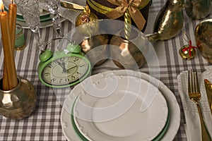 New Year's festive table setting, cutlery, decorations, New Year's decor, Christmas serving