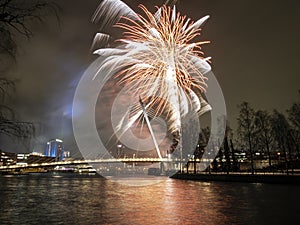 New Year\'s fireworks in the city of Tampere in Finland