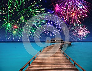 New Year`s fireworks over the tropical island