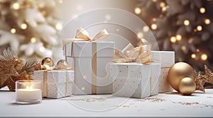 New year’s gifts in white wrapping with gold bows