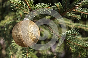 Christmas / new Year Goldish Decorative Element Hanged on The Pine Tree photo